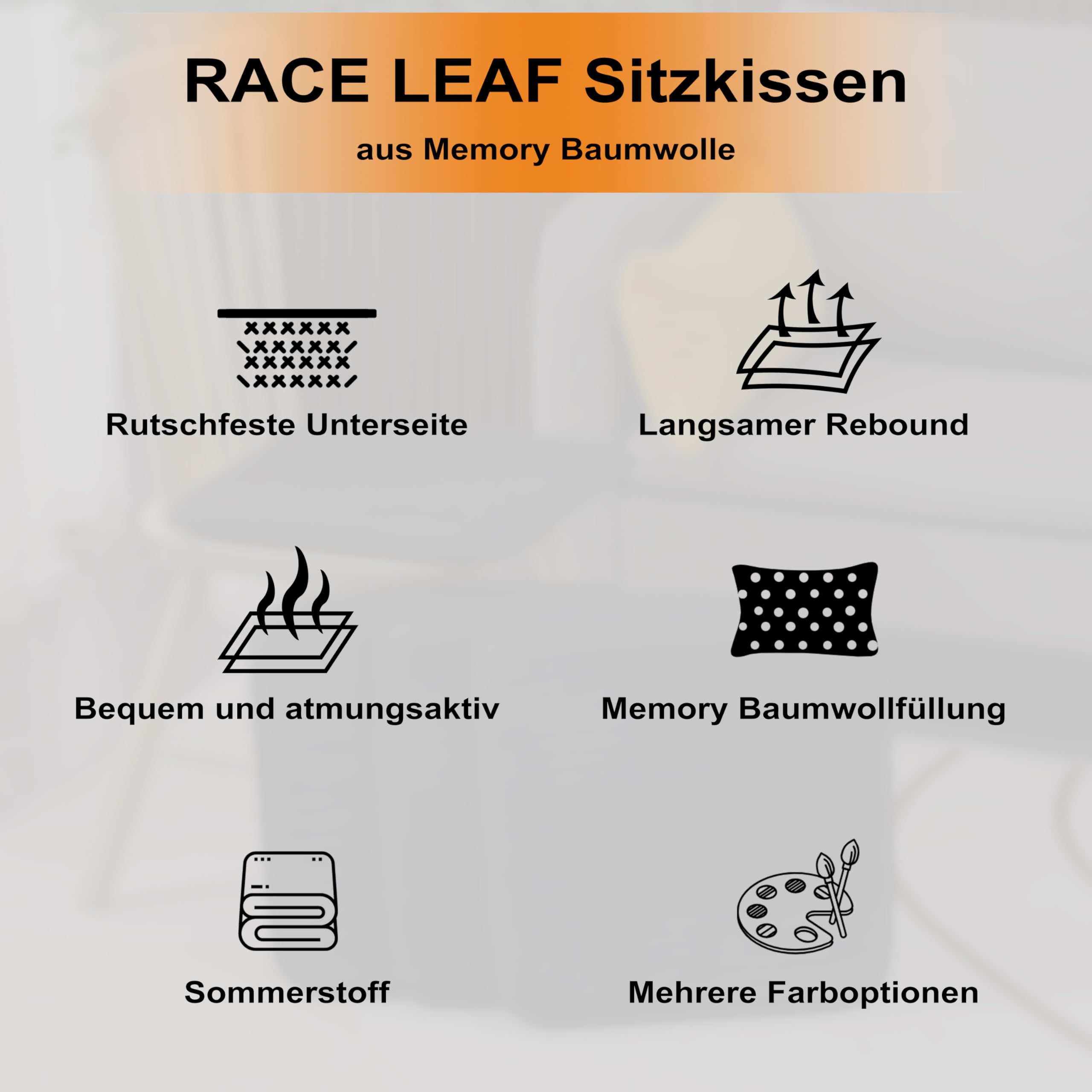 RACE LEAF 6er-Set Sitzkissen 40,5 x 40,5 cm Memory Foam Sitzauflagen, Wasserdicht, rutschfest, Dicke Stuhlkissen für Esszimmerstuhl, Bürostuhl, Gartenstuhl, Schwarz