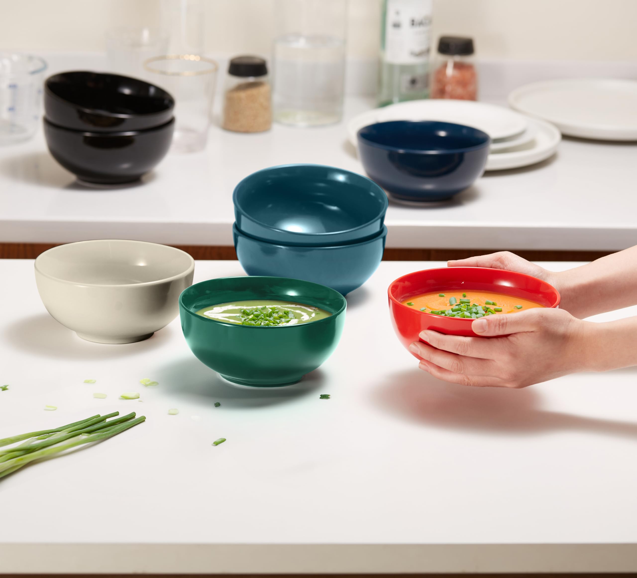 KooK Juego de 6 cuencos de sopa, cuencos de cerámica, aptos para microondas, lavavajillas y congelador, resistente a las astillas, para pasta, ensalada, avena, interior profundo, 20 onzas (gris polvo