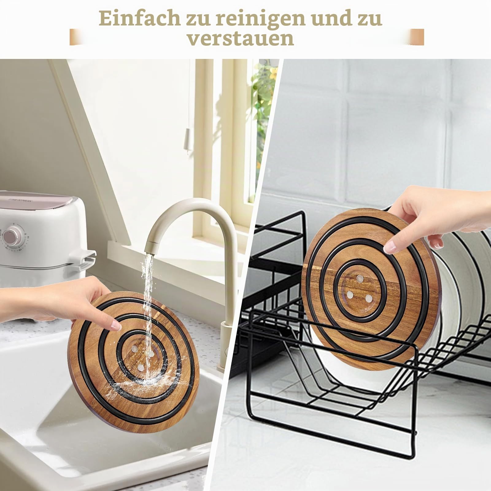 Magnetische Untersetzer aus Holz für heiße Töpfe und Pfannen, hitzebeständiger Untersetzer aus Akazienholz mit gepolsterten Silikonstreifen für Le Creuset Dutch Ovens heiße Gerichte und Töpfe,