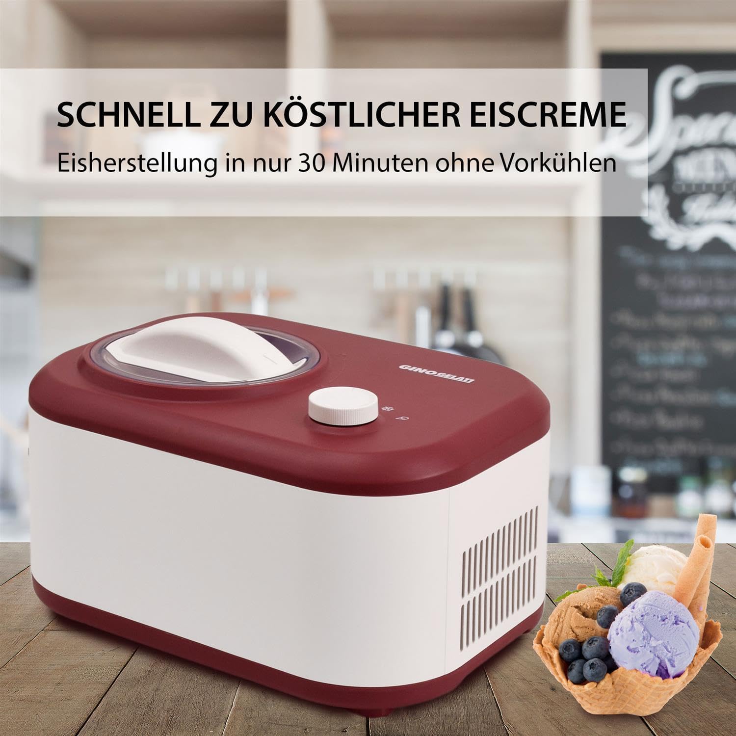 Gino Gelati Eismaschine mit Kompressor Polari Eiscreme Maschine Eisbereiter, 1 Liter, leichte Reinigung, Weiß/Rotes Design, 100 Watt Leistung, 8 Kg Gewicht