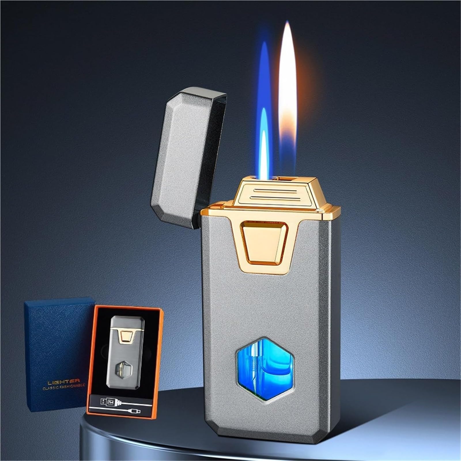 Encendedor de doble llama inteligente con regulador de potencia y luz