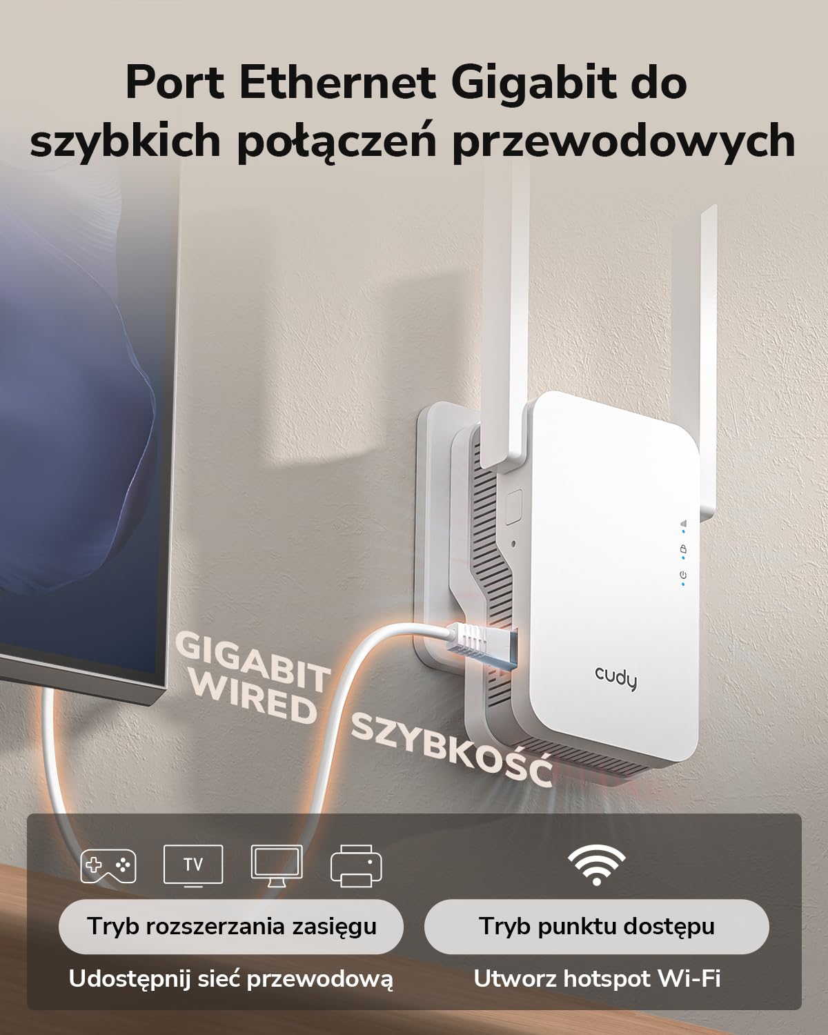Cudy BE3600 Dwuzakresowy wzmacniacz sygnału Wi-Fi 7 z portem Gigabit Ethernet, punktem dostępu, konfiguracją aplikacji, obsługą Cudy Mesh i obsługą aplikacji, RE3600