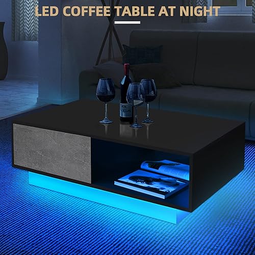 Miniatura 4 de HOMMPA Mesas de centro LED pequeñas para sala de estar, mesa de centro gris con luces LED, moderna mesa central de perfil bajo con mesa de alto