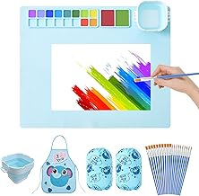 ZIGefofo Tappetino Silicone Pittura 41×51cm con 20 Pennelli Acrilici 1 Tazza di Pulizia Grembiule e Maniche Multiuso Tappetini da Disegno per Adatto a Dipingere Arte Progetti Fai da Te - Blu