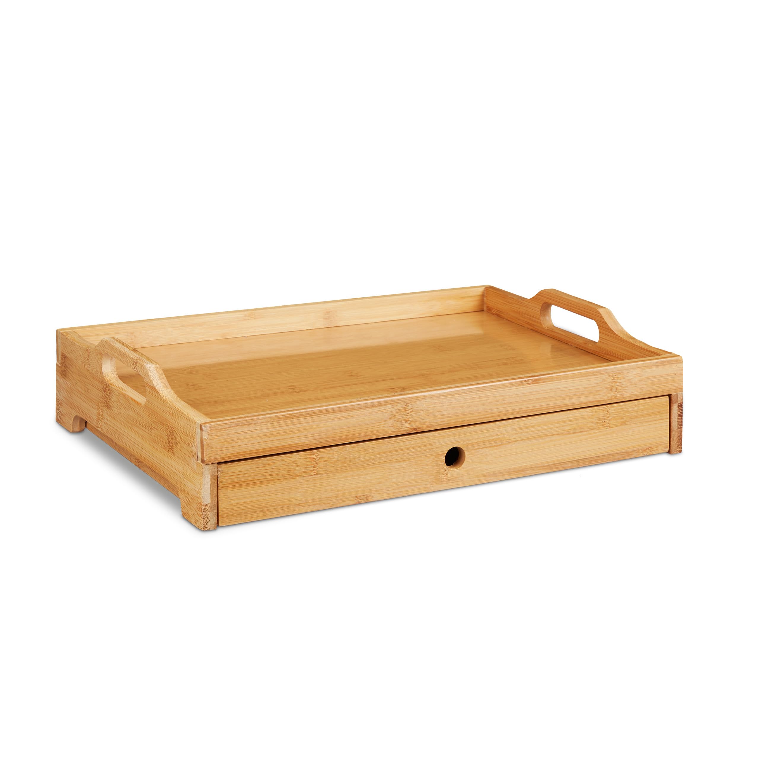 Relaxdays 10027594 Plateau de Service en Bambou, Petit déjeuner, en Bois, tiroir Amovible, poignées, HLP 10 x 43 x 31 cm, Nature, MDF, 1 x