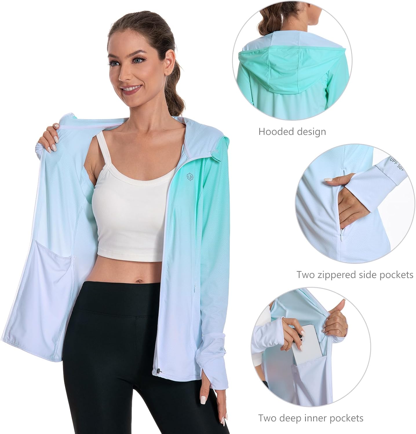 Lightbare Women's UPF 50+ Full Zip Hoodie Jacket Long Sleeve Hooded Sun Shirt with Pockets - Image 3