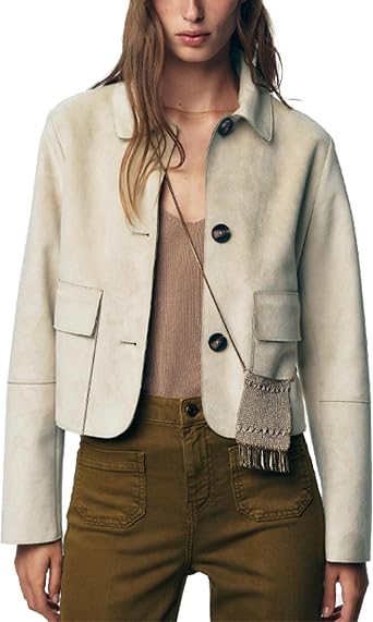Womens Faux Suede Bomber Jacket Fall Long Sleeve Lapel Button Down Jackets Trendy Going Out Casual Outerwear