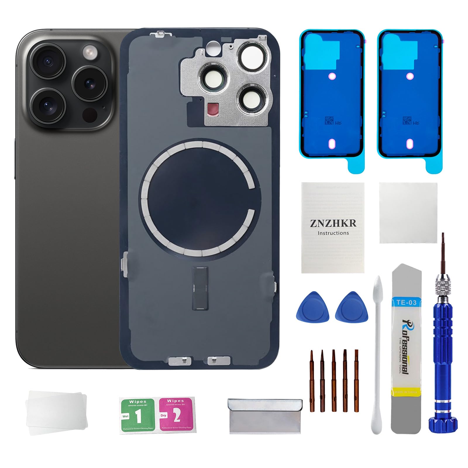 ZNZHKR 15 Pro max Back Glass Replacement with Metal Camera Frame & Magnet for iPhone 15 Pro max (6.7-inch Black) & Includes Replacement Tools