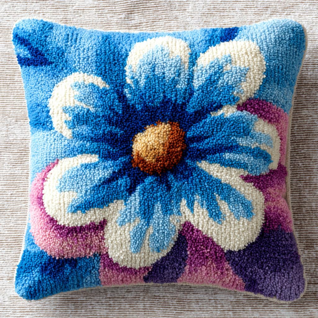 Henypt Latch Hook Cushion Kits, Blue Flowers Latch Hook Pillow Case Kits Embroidery Kit, DIY Sofa Cushion Making Kit,43x43cm