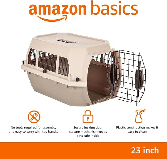Amazon Basics Hard-Sided Dog and Cat Kennel, Single-Door Travel Pet Carrier with Metal Wire Ventilation, 23.6L x 15.7W x 13H, Beige