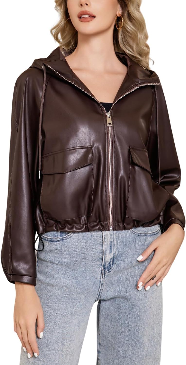 DIASHINY Faux Leather Jacket For Women Removable Hooded Moto Biker Outwear Coat