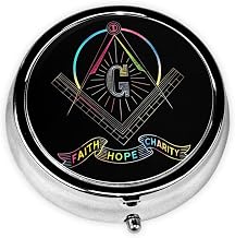 Masonic Faith Hope and Charity Freemason Logo Portable 3-Compartment Metal Keychain Round Mini Pill Case for Purse Or Pocket