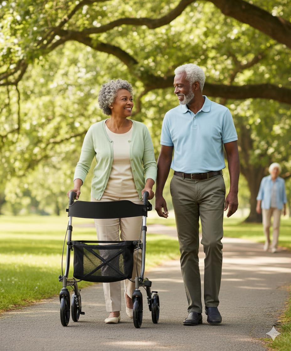 Andador Rollator para minusválidos de aluminio, diseño más moderno y una estructura más completa, ancianos, ligero, plegable, frenos manuales, con asiento, cesta y ruedas giratorias delanteras.