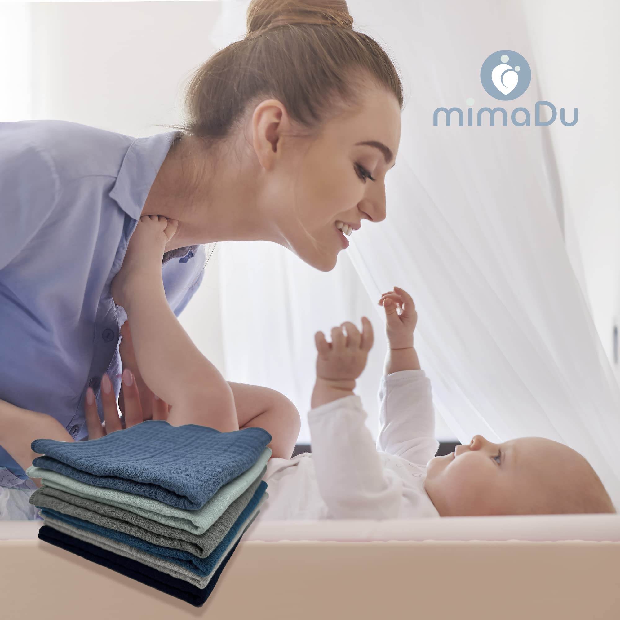 mimaDu - Set di 6 panni in mussola per bambino, in cotone biologico GOTS, 25 x 25 cm, extra morbidi, assorbenti, piccoli asciugamani per la cura del bambino (blu, ocean)