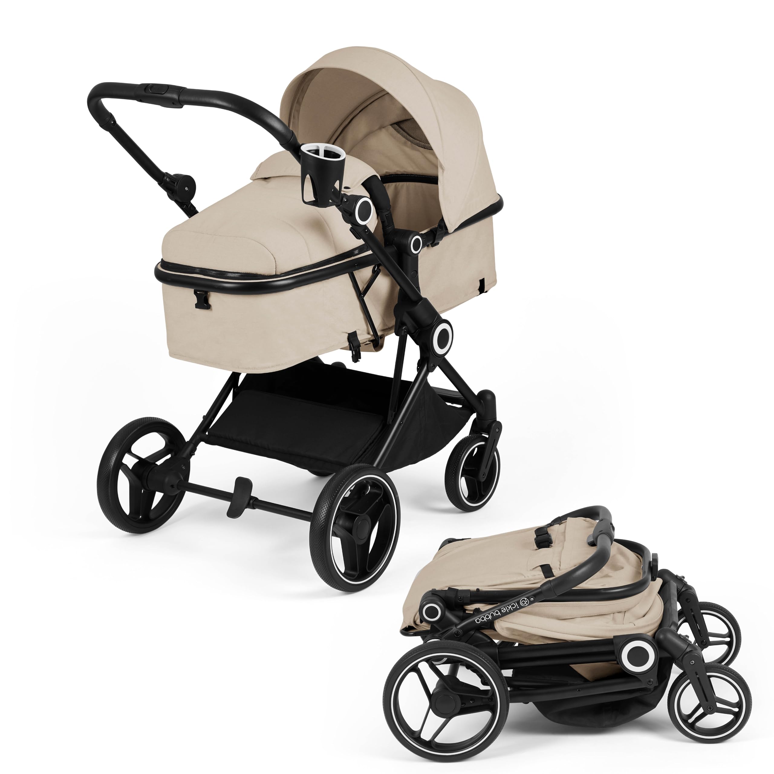 Ickle Bubba Atom All-in-One i-Size Travel System, 3-in-1 Kinderwagen mit Cirrus Autositz & ISOFIX Basis, geeignet von Geburt an bis 22kg, kompakter & leichter Kinderwagen (Stein)
