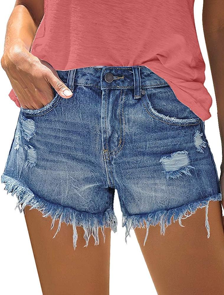 onlypuff Women Denim Shorts Ripped Mid Waisted Jean Shorts with Pockets