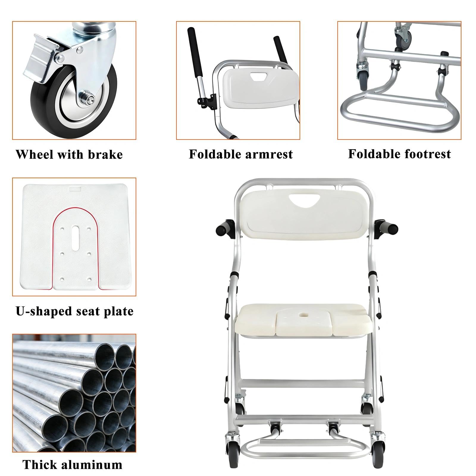 Silla de Ducha para Personas Mayores, 3 en 1 Silla Ducha WC con Ruedas Plegable, Taburetes de Ducha con Brazos Plegables y Reposapiés Plegables para Discapacitados, Carga Máxima 120 kg