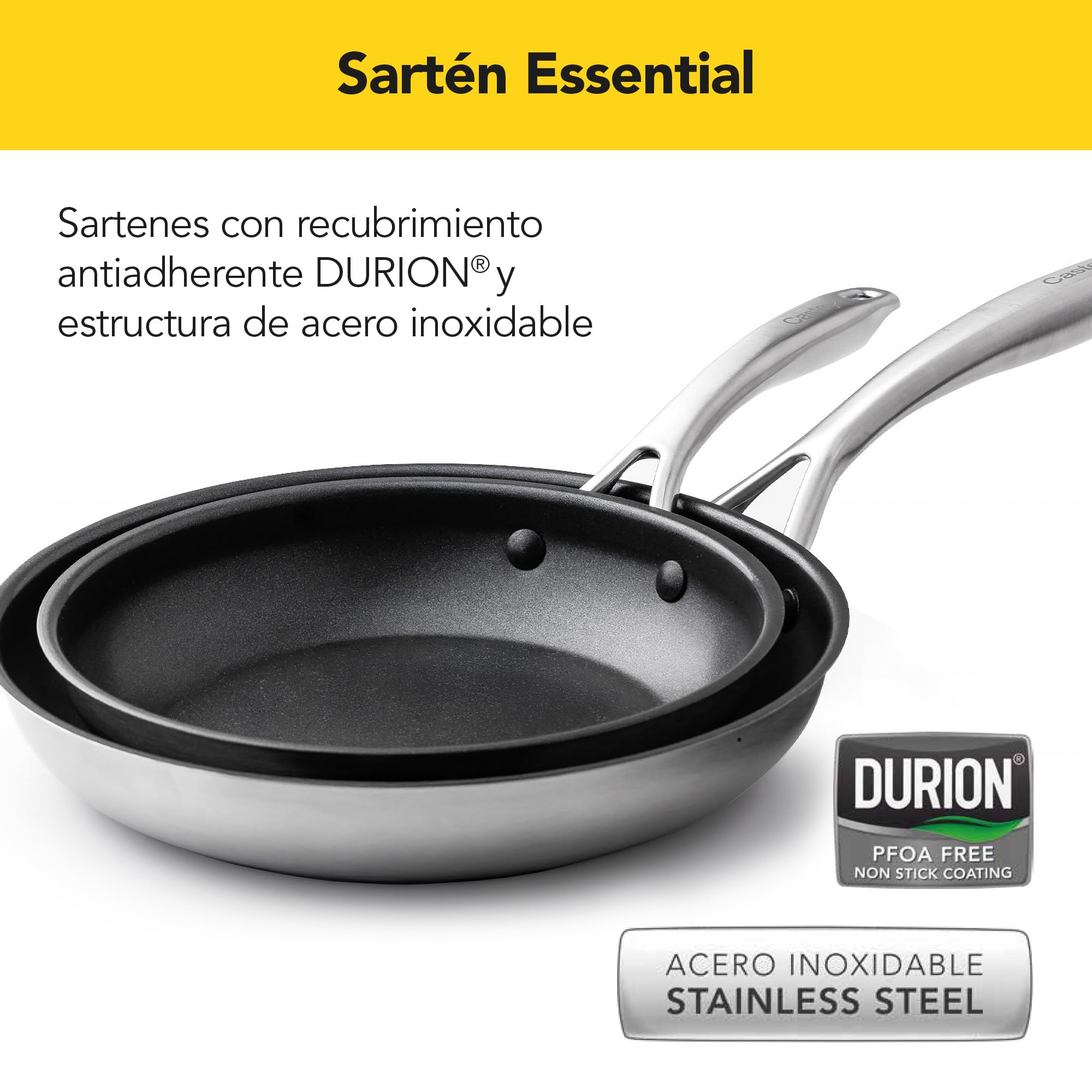 Castey - Sartén Antiadherente Inox Essentials, Modelo EA-S26, Color Plata, Tamaño 26 cm, Acero inoxidable Revestimiento Antiadherente, Apta para Todas las Cocinas, Recubrimiento Durión