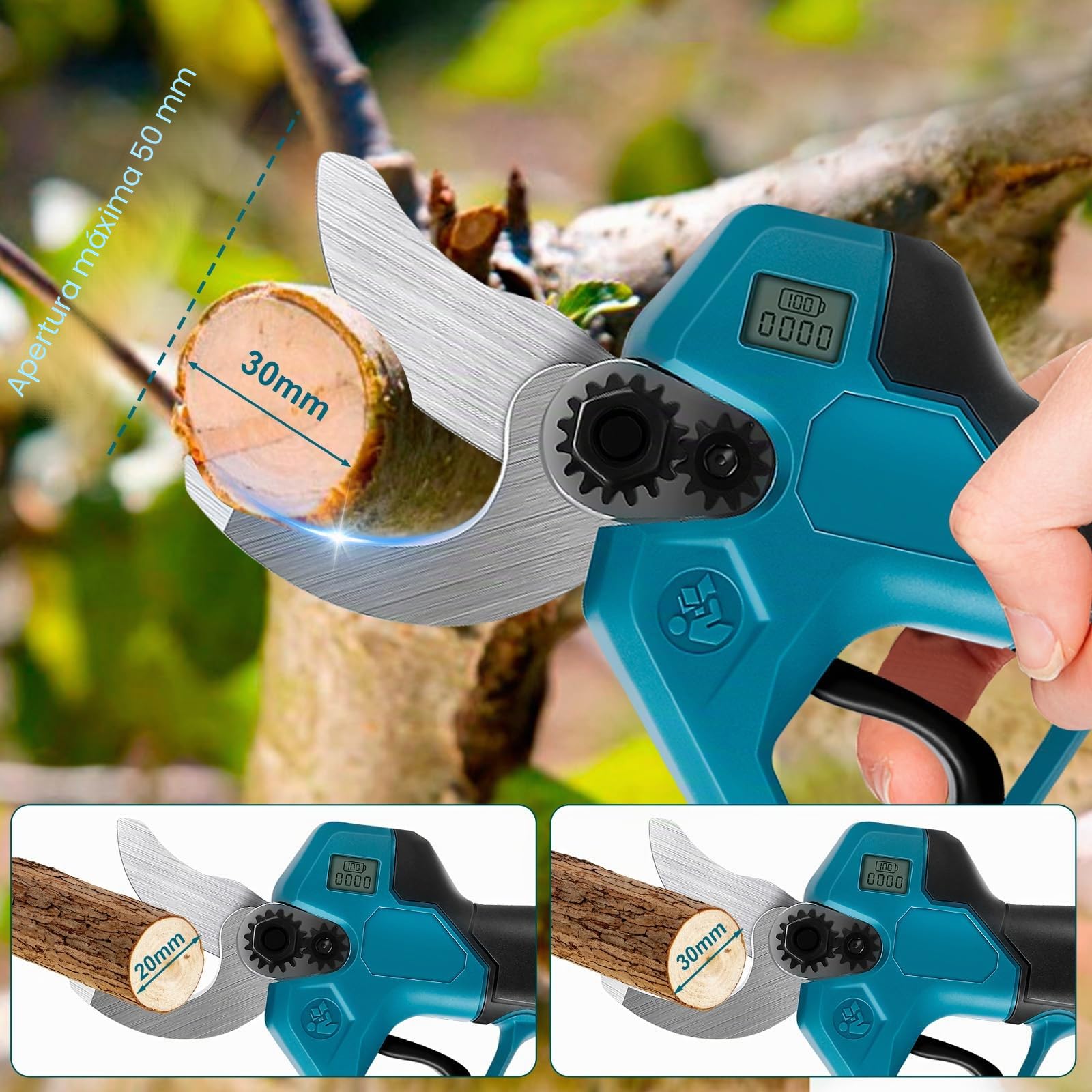 WingFly Podadora de Batería, Tijeras de Poda Eléctricas con 2 Baterías, Motor sin Escobillas, Diámetro Máximo 28 mm, Adecuado para Parterres, Jardines, Ramas (Azul)