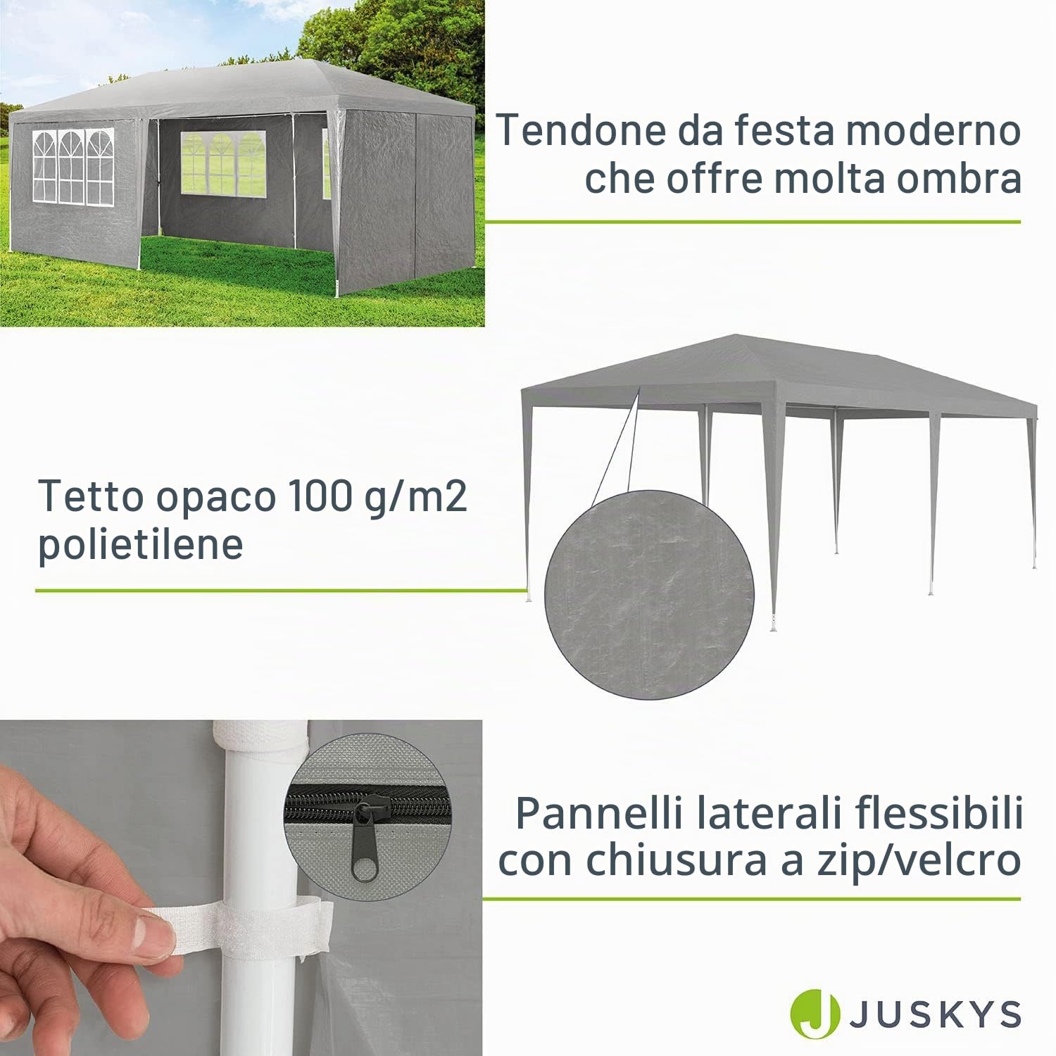 Tenda Juskys per feste 3x6m, 18m², 6 pareti, tetto rimovibile, 18m², 12 ganci, 6 corde, giardino, matrimoni, grigio