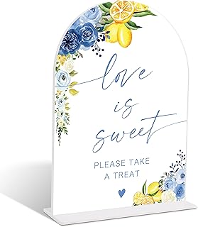 Blue Floral Lemon Love is Sweet Sign, Arch Acrylic Sign with Stand, Wedding Signage for Reception, Bridal Shower Table Decor, Gender Reveal, Newborn Announcement Party Party, 6x8 Inches, 42
