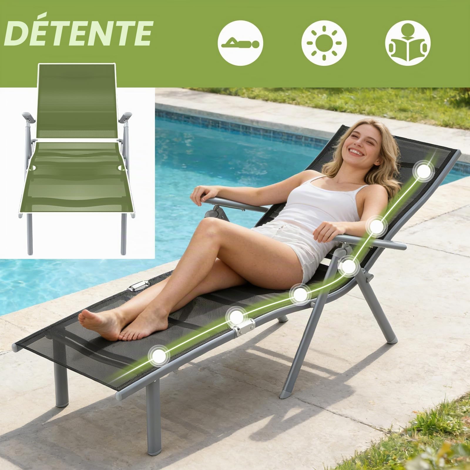 Soontrans Transat Jardin Exterieur 62X137X94.5 CM, La Chaise Longue avec Dossier Réglable sur 7 Positions, Chaise Longue Pliable Robuste avec Accoudoirs Charge 150 KG, pour Plage, Piscine, Noir