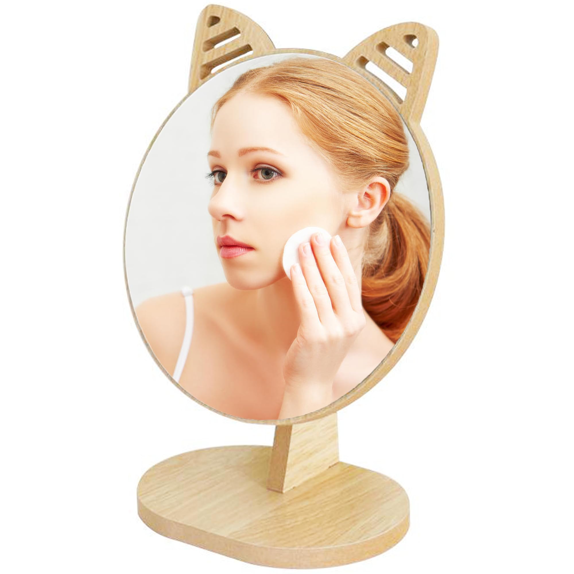 Espejo de Escritorio de Madera con Soporte, Espejo de Maquillaje en Forma de Oreja de Gato, Portátil Encimera Espejo de Baño Espejo de Maquillaje, Sencillo y Moderno (Circular)