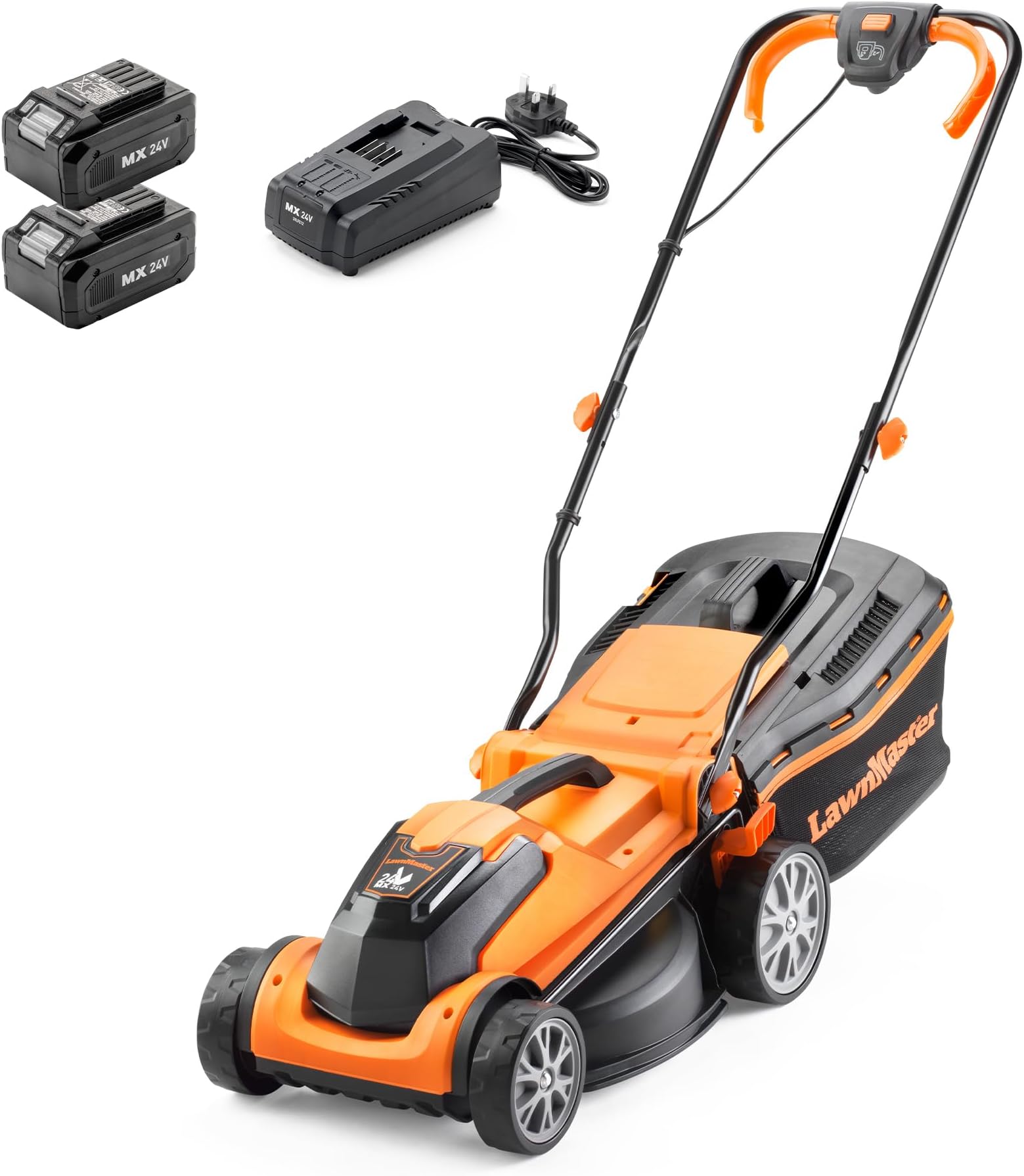 LawnMaster MX 24V 34cm Cordless Lawnmower Plus Spare Battery, MX 24V 4.0Ah Lithium Ion Battery and Fast Charger - With Rear Roller (34cm Mower)