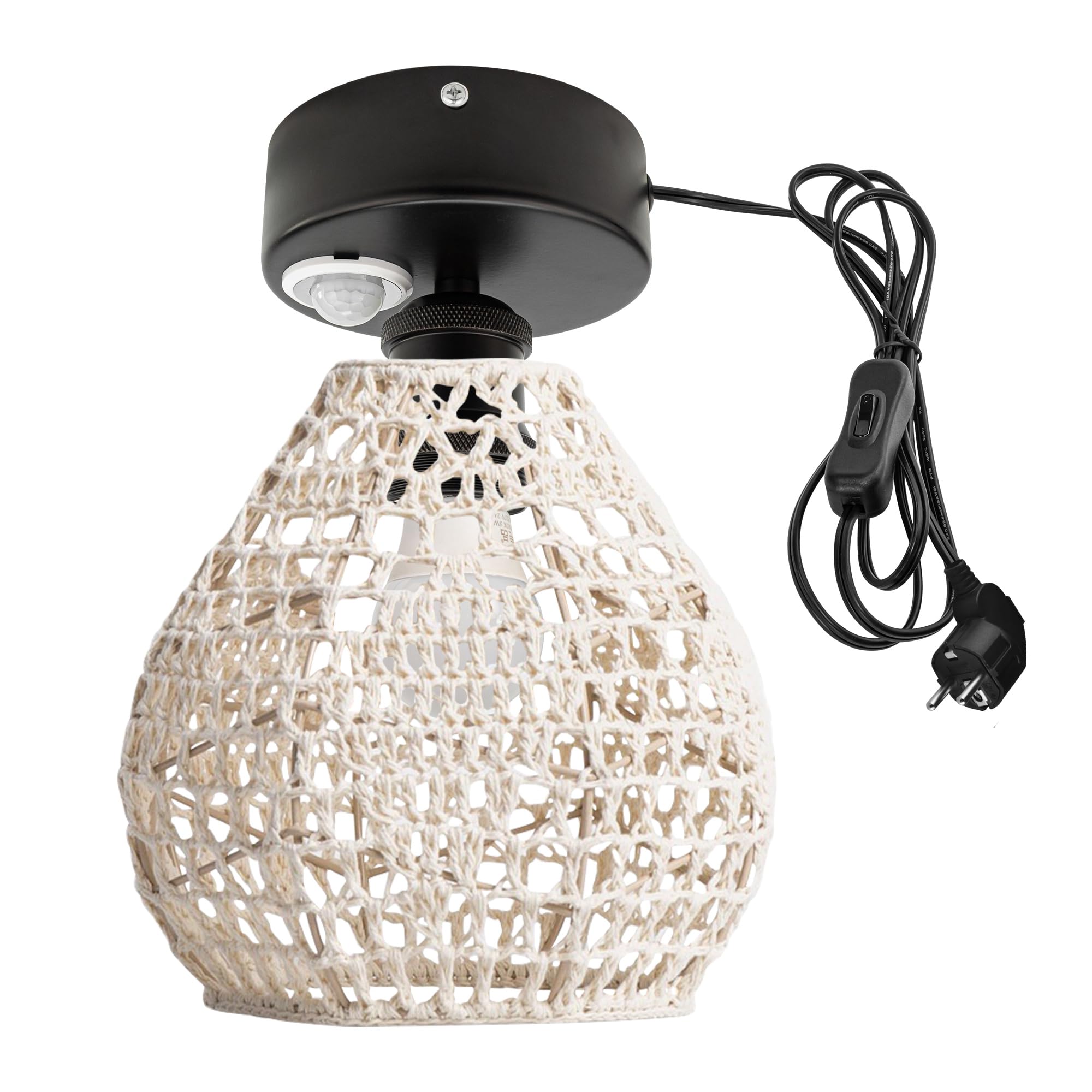 Lampada da soffitto con sensore di movimento interno, stile boho rattan, lampada da soffitto radar, sensore di movimento con cavo da 4,5 m e portalampada E27, per corridoio, bagno, scale,
