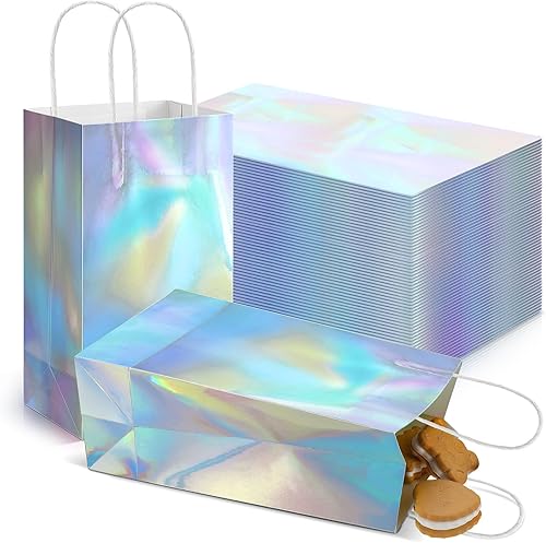 Miniatura 8 de Estune 60 bolsas de regalo iridiscentes con asa, holográficas, recuerdos de fiesta de 8.3 x 5 x 3.2 pulgadas, bolsa de papel de aluminio con