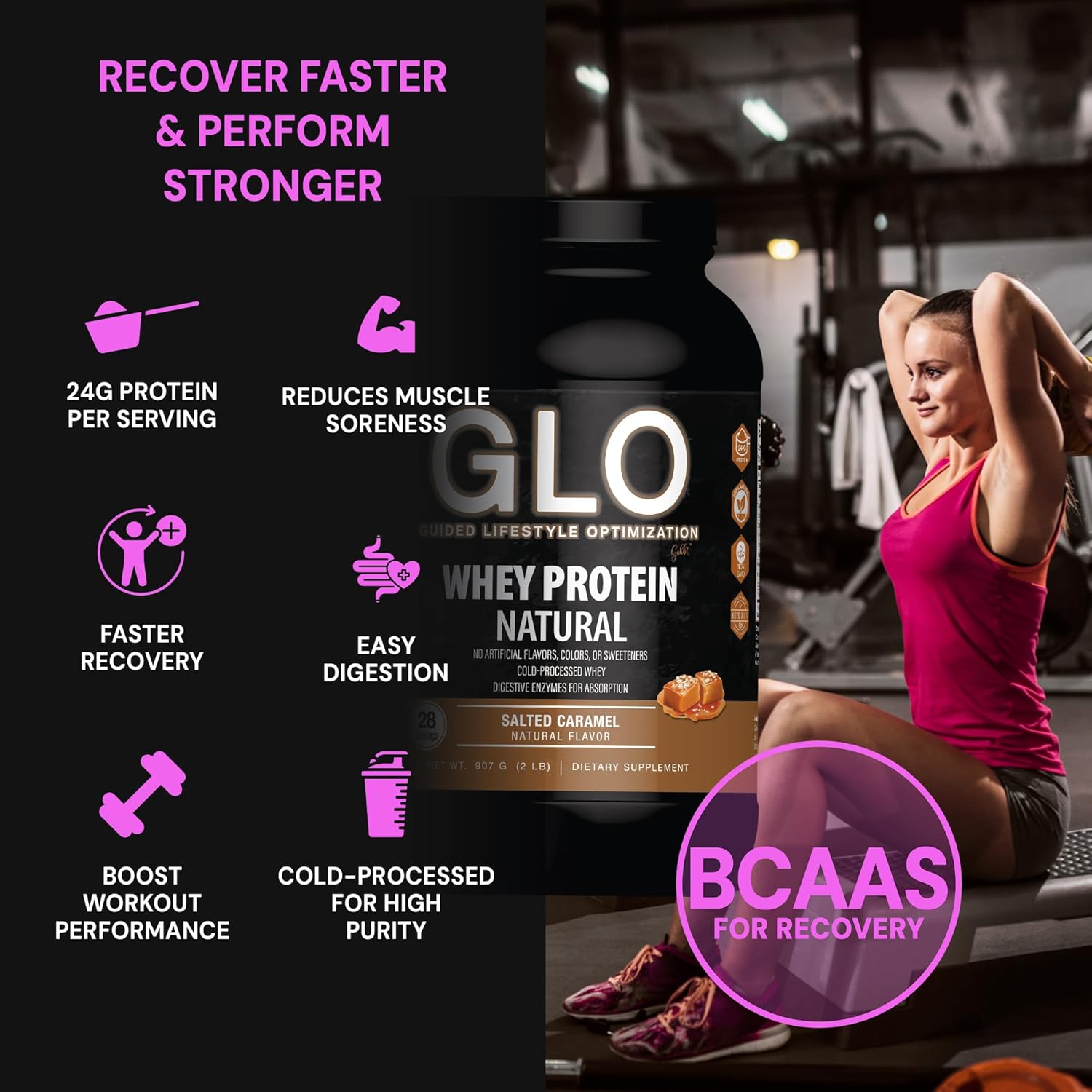 GLO Health Foods Cold-Processed Whey Protein - Salted Caramel Flavor - 24g Protein per Serving - Whey with Digestive Enzymes & BCAAs - Supports Muscle Growth, Strength & Recovery - 2 LB (28 Servings)