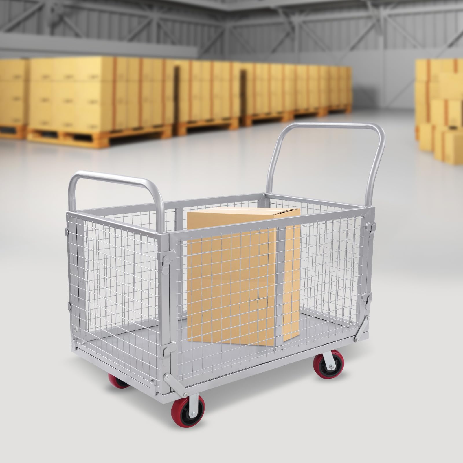 Plattformwagen, Transportwagen, mit Gitter Handwagen Kaltgewalzter Stahl, 200kg Tragfähigkeit, 100 * 60 * 94cm, abnehmbare Gitterwände für Logistikzentren Lagerhäuser Haus, Silber