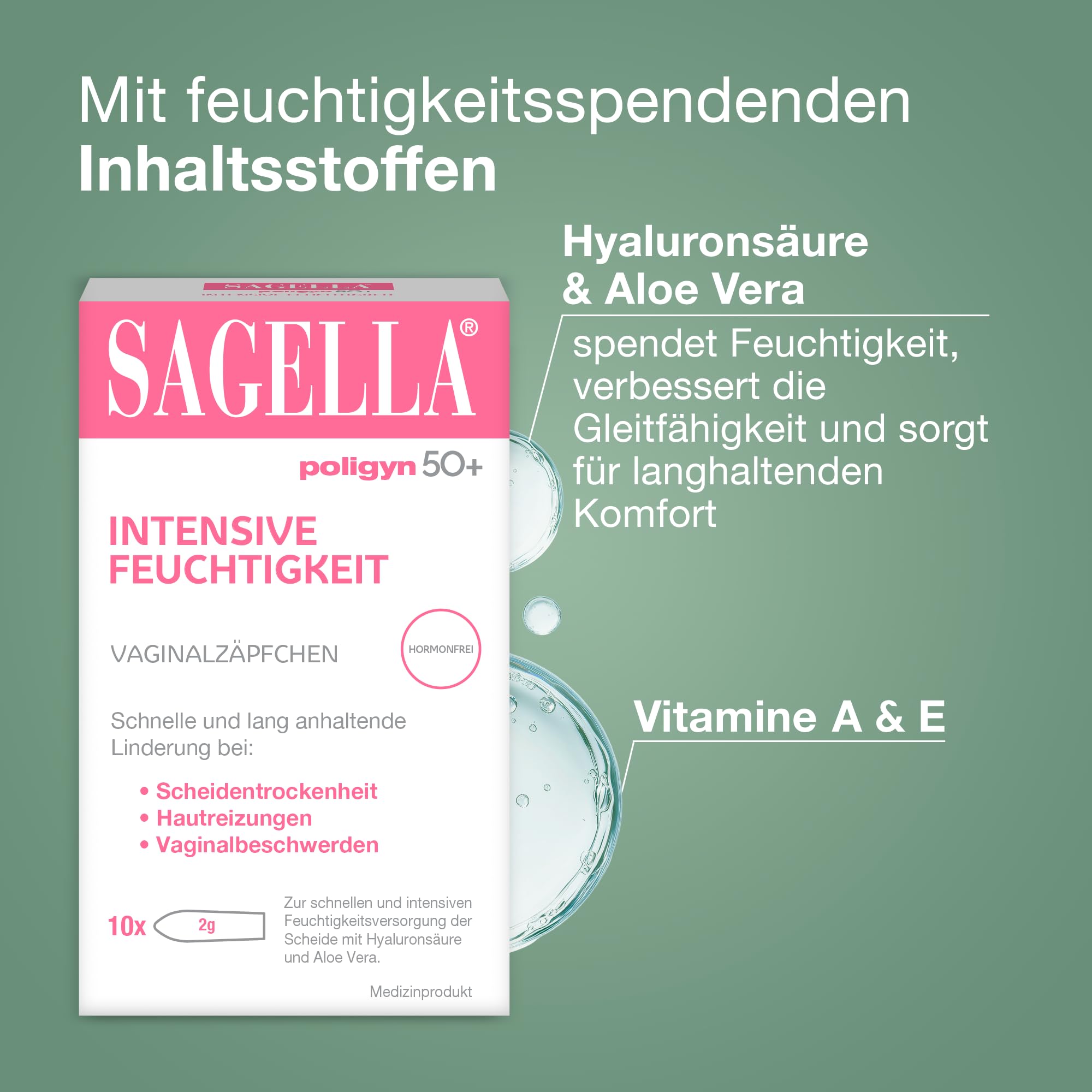 SAGELLA® poligyn 50+ Intensive Feuchtigkeit Vaginalzäpfchen - Hormonfrei - Linderung bei Trockenheit und Beschwerden in den Wechseljahren - Mit Hyaluronsäure und Aloe Vera - 10 Zäpfchen x 2 g