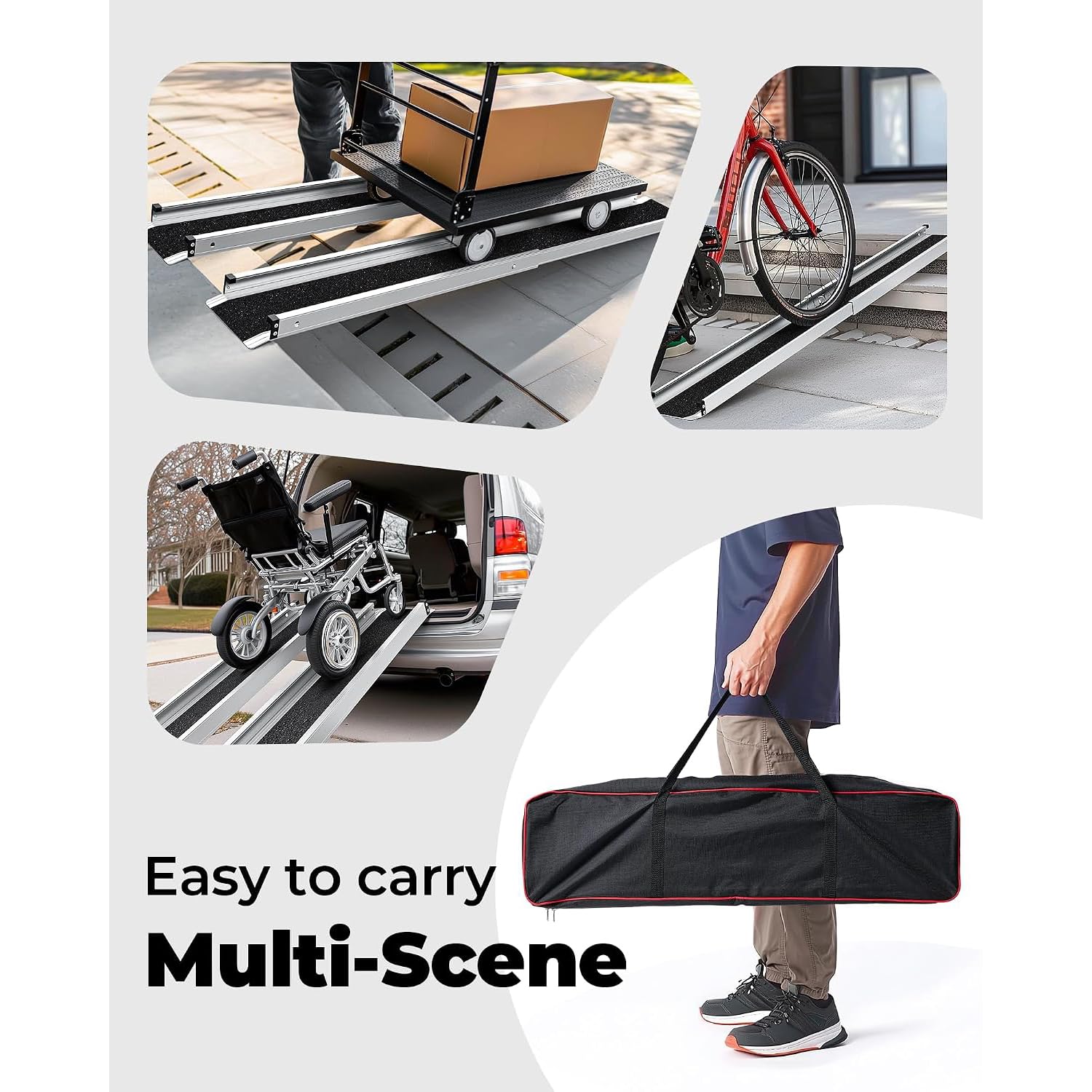 2X Rampas para Silla de Ruedas 90-150cm, Carga máx. 272 kg, Regulable, de Aluminio, Antideslizante, Portátil, Ligero, para Escalones,rampa portátil con Bolsillos de Tela