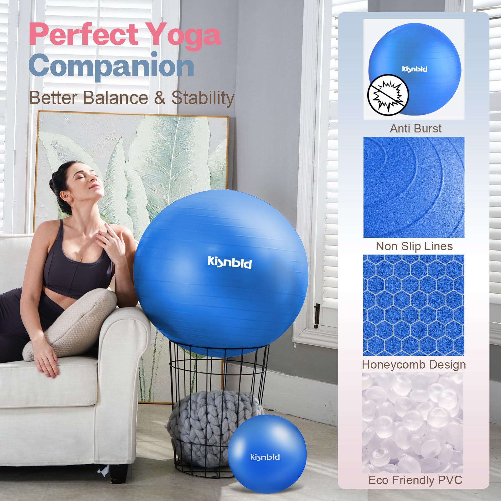 kisnbld Exercise Ball, Extra Thick Yoga Ball for Workout Pregnancy Stability, 4 Sizes Anti-Burst Balance Ball with Foot Pump - Heavy Duty Fitness Ball Chair for Office, Home & Gym 2