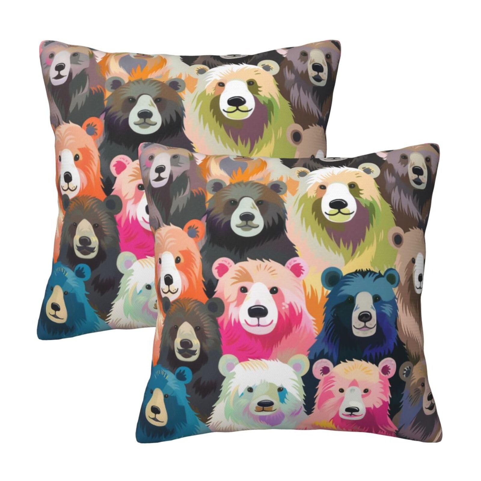 kkvhhyuo Colorful Bears Print Pillow Covers Set of 2, Square Decorative Cushion Covers with Hidden Zipper, Throw Pillow Cases for Living Room Sofa Bed Chair, 45x45 cm