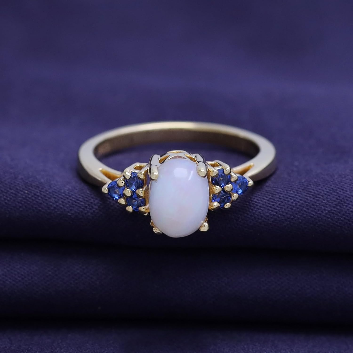 AFFY White Opal & Blue Sapphire In 14k Gold Over Sterling Silver Oval & Round Cut Ring Jewelry For Womens