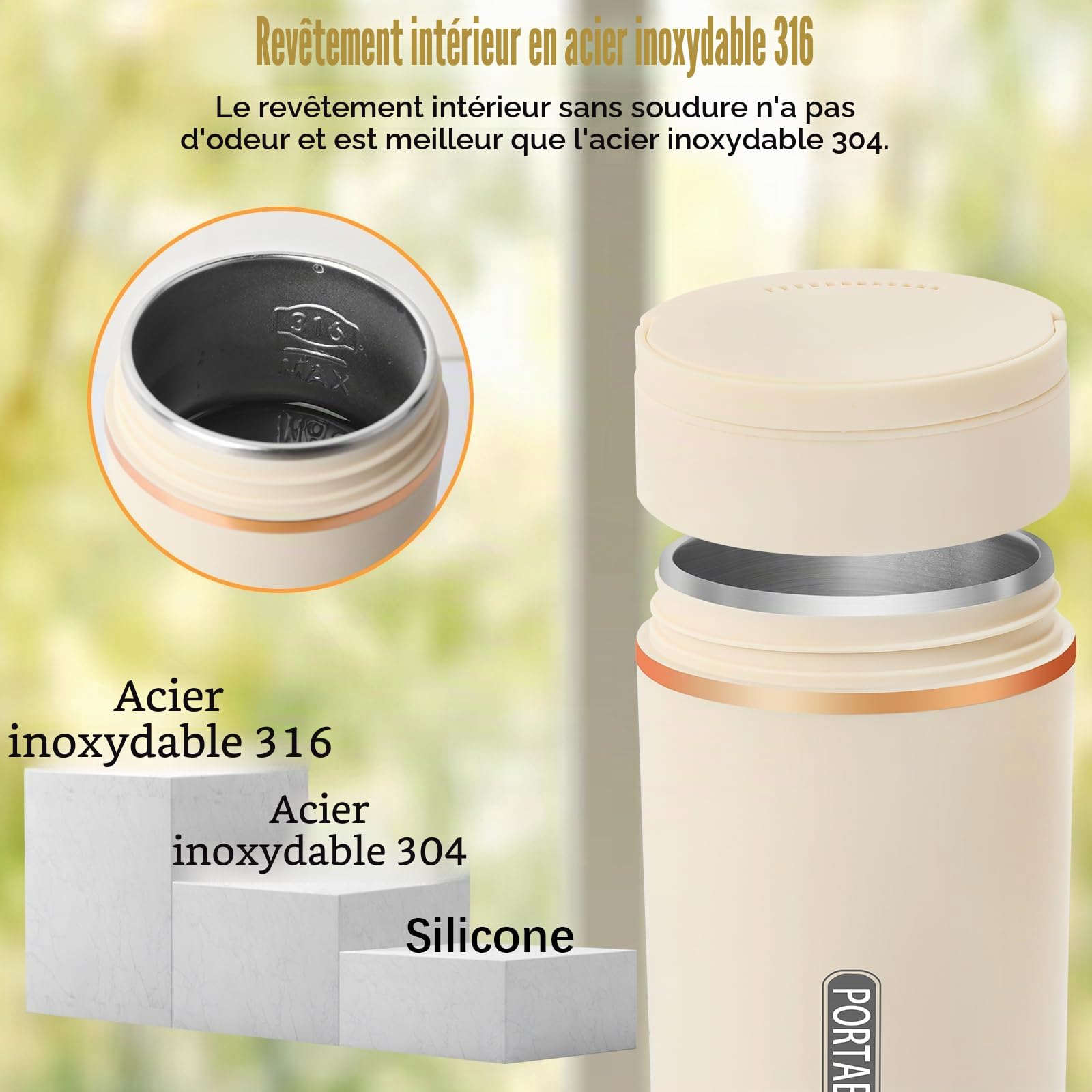 Petite bouilloire électrique de voyage, 500 ml/300 W, mini tasse à eau en acier inoxydable 316, chauffage automatiquement arrêté, avec couvercle réversible pour thé, café, lait de bébé (beige)