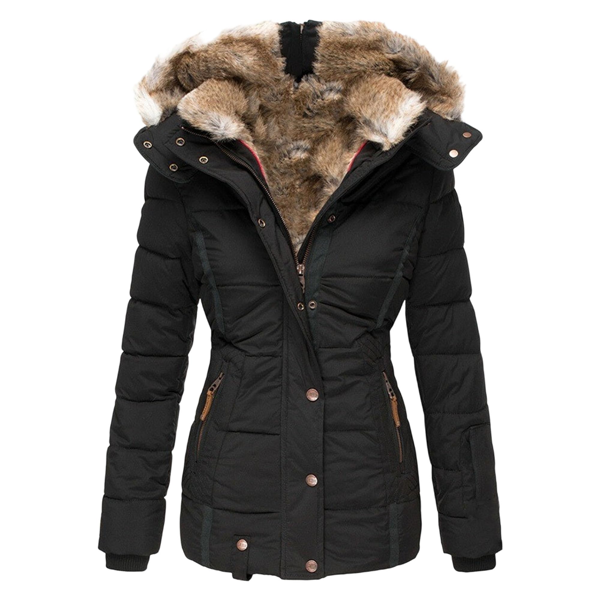 Doudounes chaudes doublées polaire pour femmes, coupe ajustée, manches longues, parkas, fermeture éclair, capuche en fausse fourrure, manteaux d'hiver