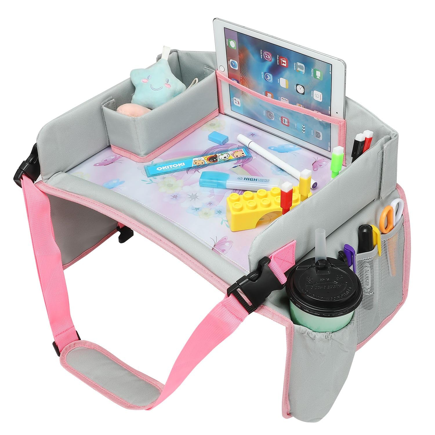 Vassoio da Viaggio per auto e aereo - Tavolino attività portatile con Supporto per Tablet e Copertura Protettiva - Organizer Auto Impermeabile e Pieghevole