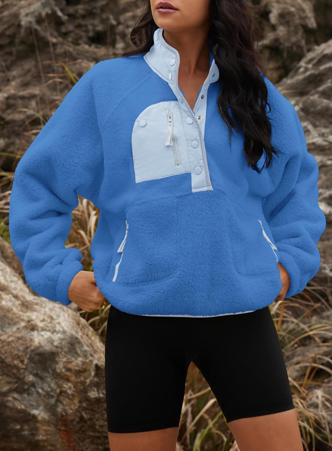 Yanekop Womens Fuzzy Fleece Pullover Sherpa Sweatshirt Long Sleeve Button Down Sweater Winter Fleece Jacket with Pockets - Image 5