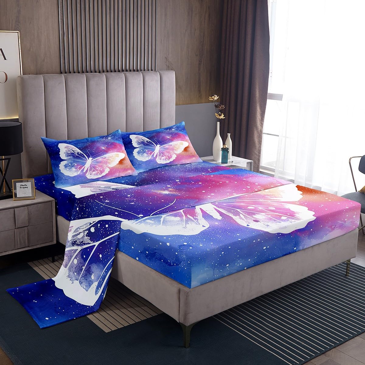 White Butterfly Bed Sheet Set Kids Watercolor Galaxy Sheets Set 4pc Butterfly Wings Microfiber Soft Bedding Set,1 Flat Sheet,1 Deep Pocket Fitted Sheet,2 Pillow Cases（Queen Size）