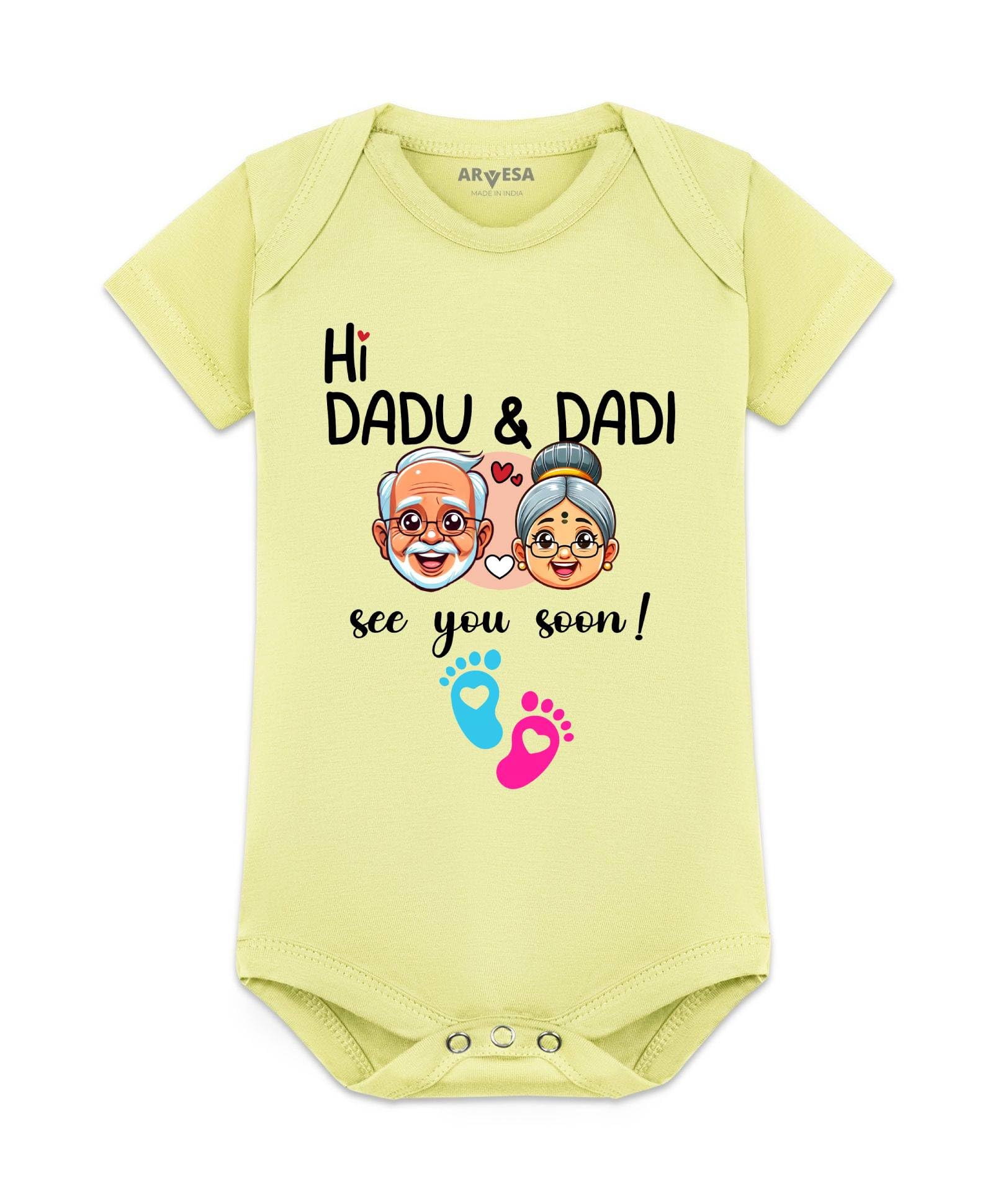 Baby Romper Pregnancy Announcement Theme for Baby Boy and Baby Girl Cotton 0–12 Months Design No 1750 - Hi Dadu & Dadi See You Soon-image-39