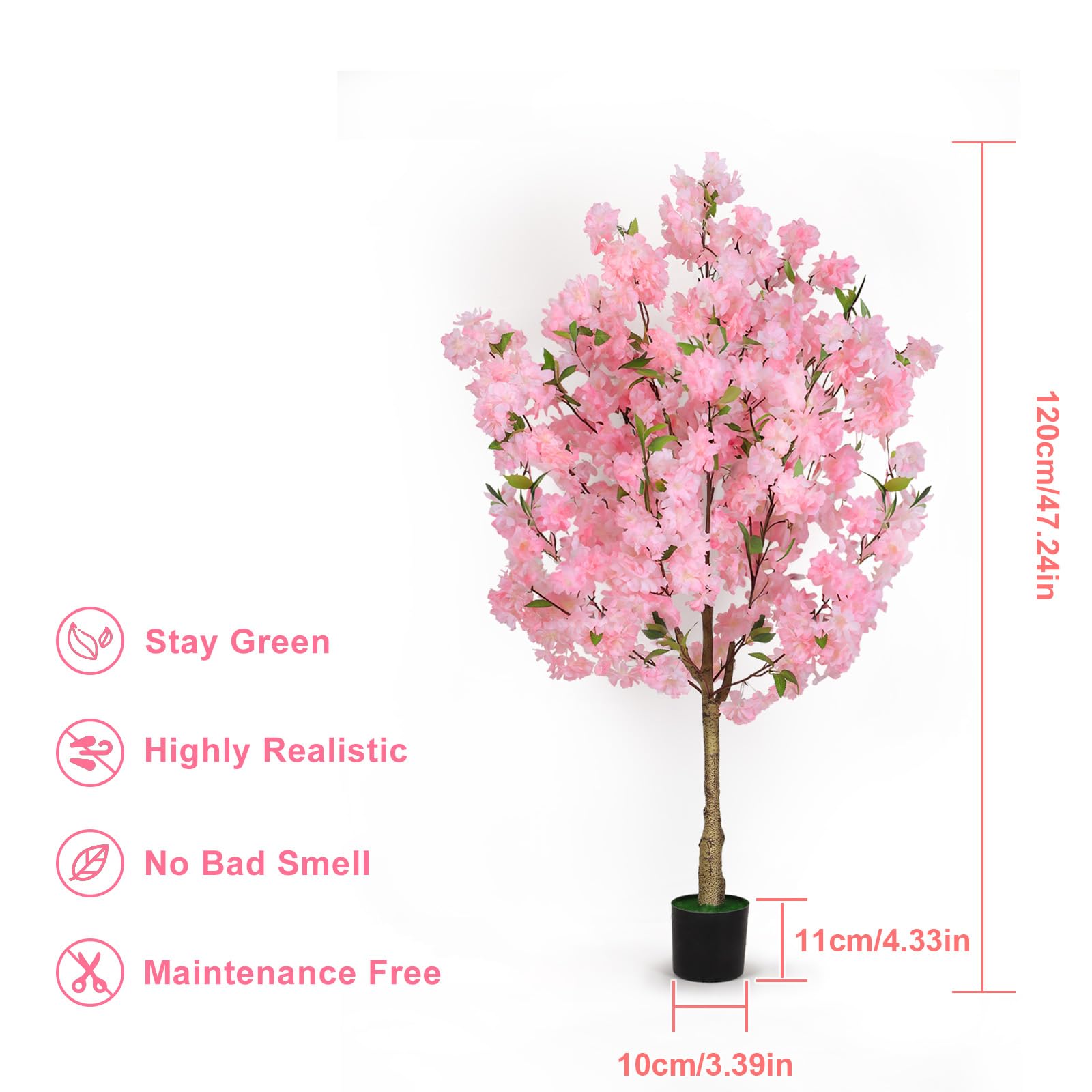 Arbre Artificiel De Cerisier (Sakura) 118 Cm - 96 Fleurs Roses, Tronc Réaliste, Pot En Ciment, Décoration Intérieure