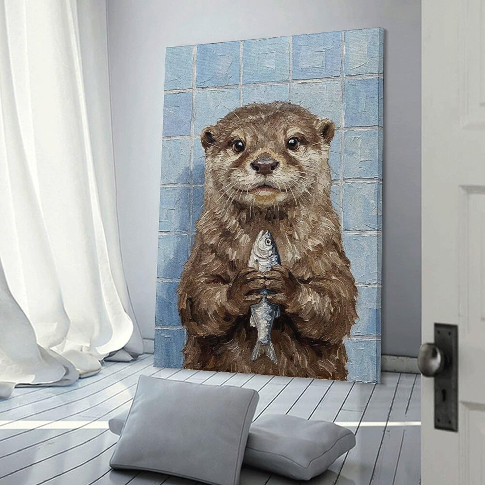 Junmoney Frame-Style-3 Otter With Fish Painting Canvas Wall Decor, 24X36inch(60X90cm), For Flats, Guest Rooms Or Compact Rooms, Decorative Canvas Decor For Home Updates