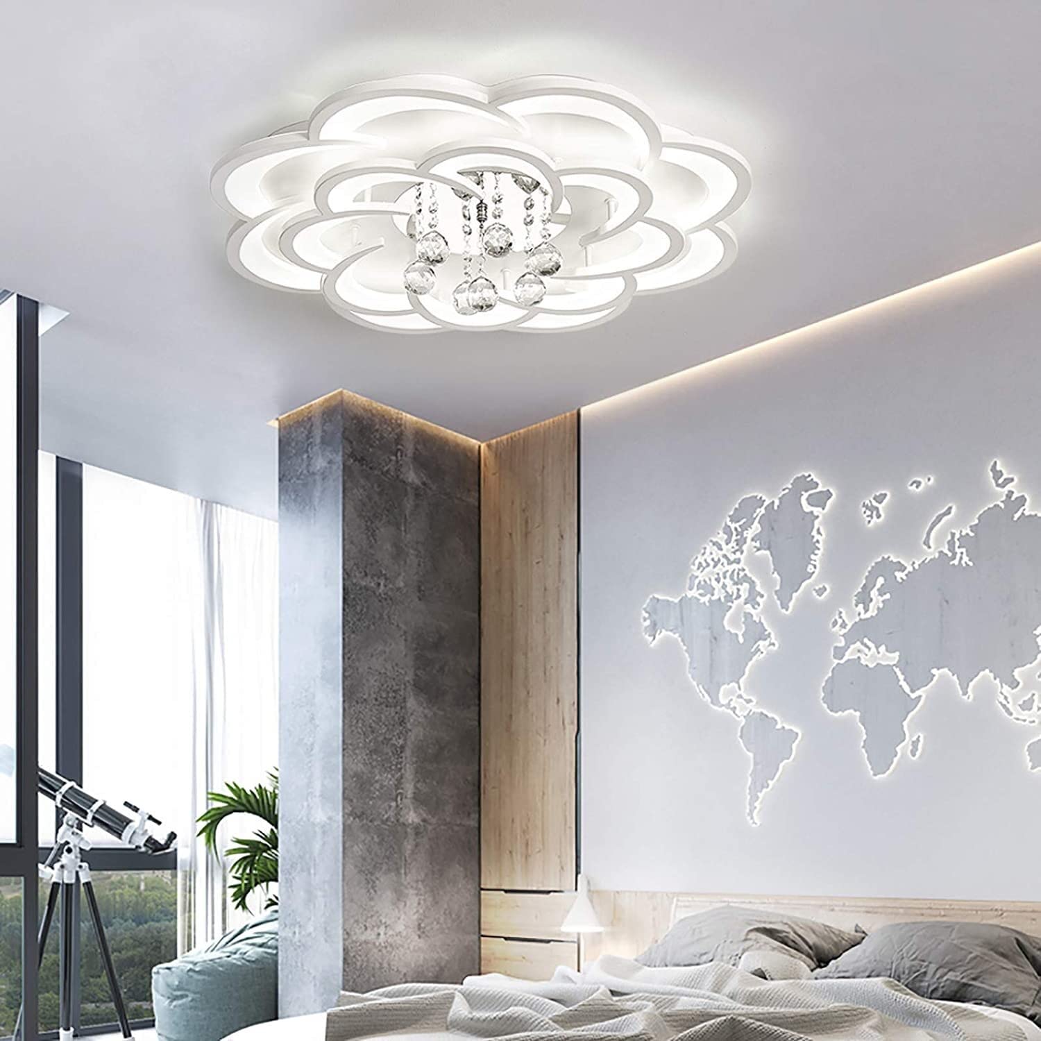 Nowoczesna lampa sufitowa LED w kształcie kwiatu, z elementami akrylowymi i kryształowymi, do zabudowy sufitowej, idealna do salonu, jadalni lub sypialni.