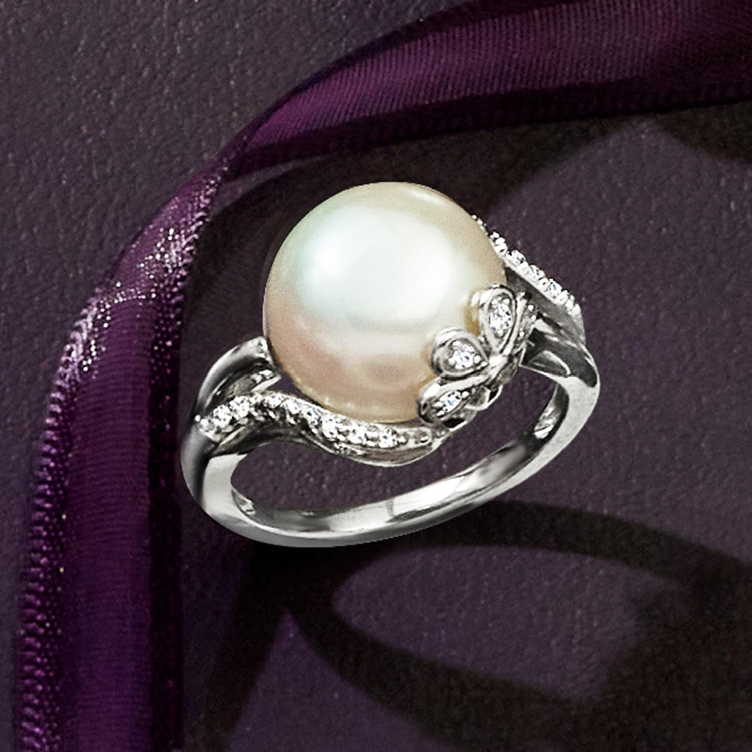 Ross-Simons 12-12.5mm Cultured Pearl Ring With Diamonds in Sterling Silver