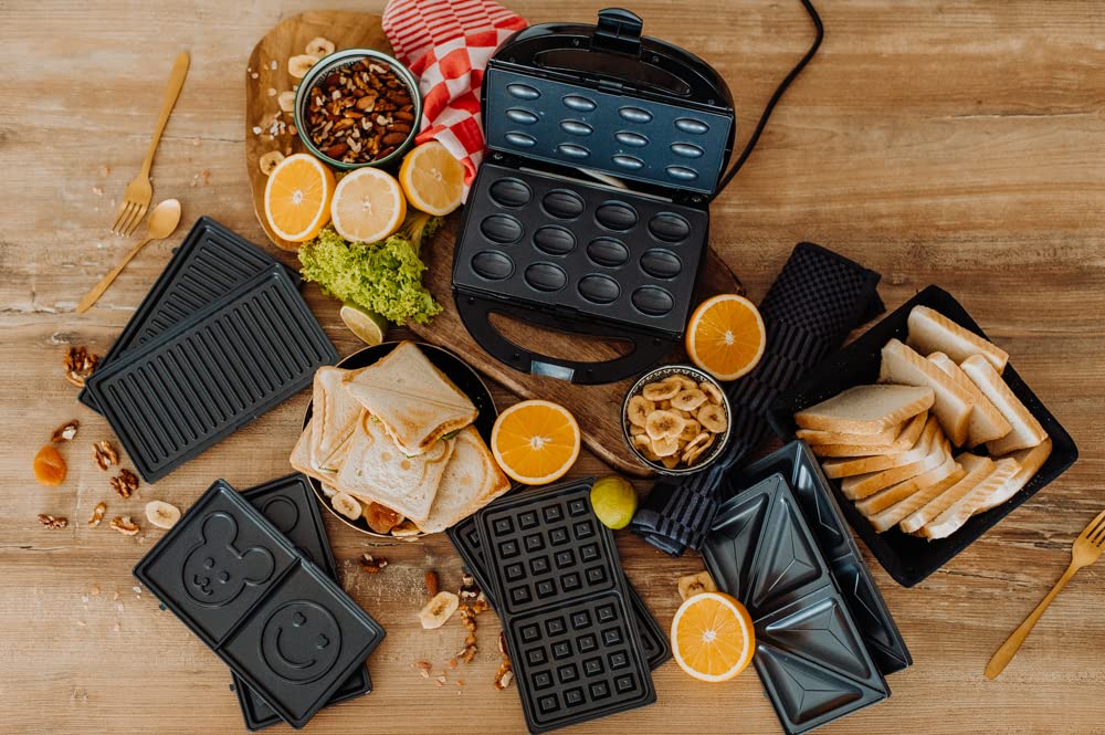 LEHMANN Plancha Sandwichera 5 en 1, 800W, con 5 Placas Antiadherentes y Extraíbles - Grill, Tostadora, Gofrera, Maquina para Hacer Nueces, Tostadora con Caritas Sonrientes