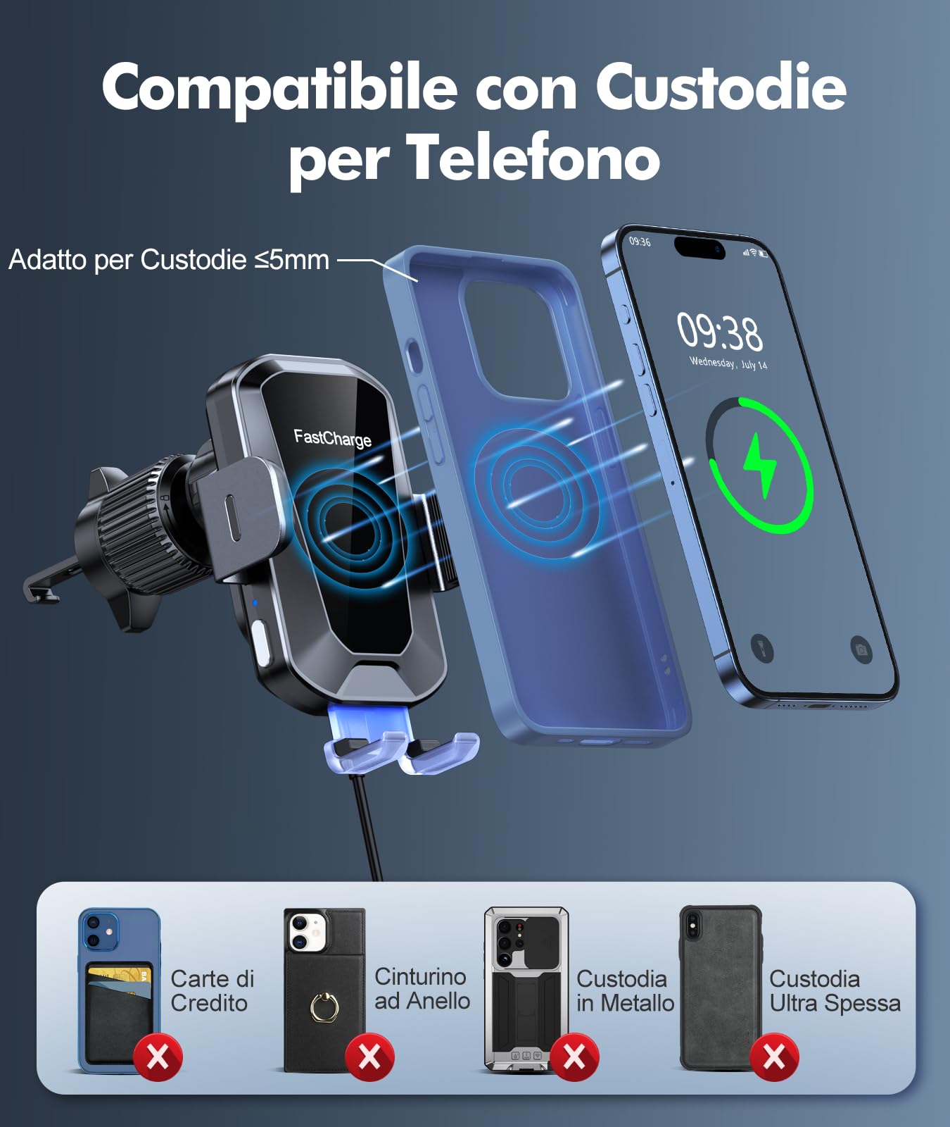 EOIWUY 15W Caricatore Wireless Auto, Auto-Bloccaggio [360° Rotazione] Supporto Telefono Auto Ricarica Wireless Rapida con QC 3.0 Caricabatterie Auto, Compatibile con iPhone 17/16/15, Galaxy S24/S23