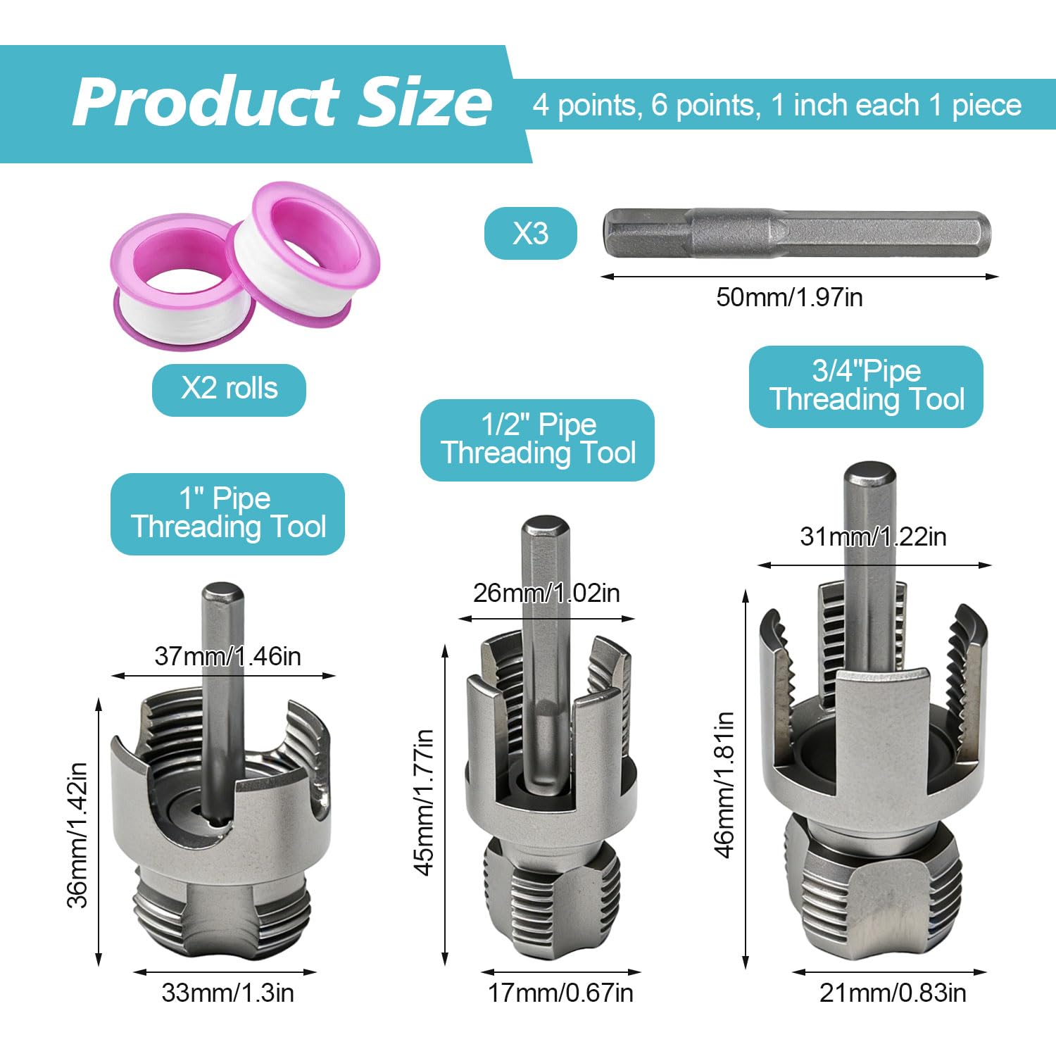 Kit de 3 Fileteuses PVC 1/2", 3/4", 1" -Outil pour Fileter les Tuyaux Intégré, Kit de Taraudage PVC 2-en-1, pour Tuyaux Plastique PPR/PVC/MPP -Installation et Réparations Domestiques